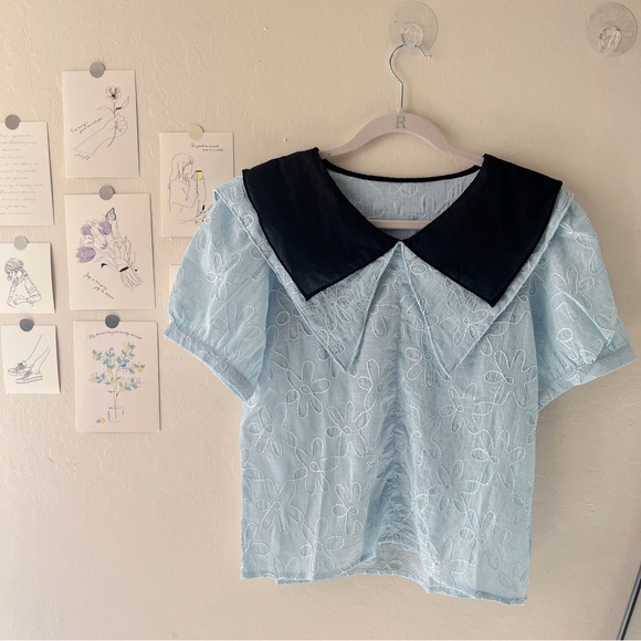 {New}Light Blue Double-Layered Sailor Collar Embroidered Blouse Puff Sleeves - Picture 1 of 9